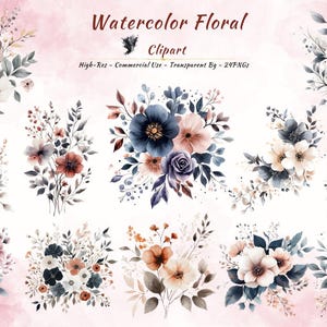 Clipart floral de acuarela / PNG de alta resolución / Uso comercial / Fondo transparente / Ramo de flores digital / Descarga instantánea