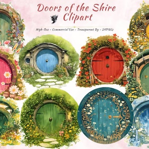 Paquete de imágenes prediseñadas de puerta de hadas, arte de cuento de hadas caprichoso de cabaña encantada en el bosque (24 PNG)