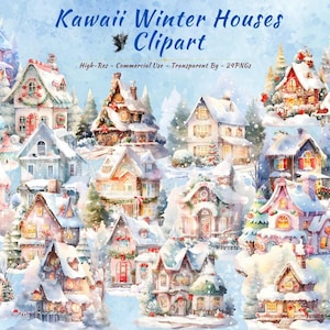 Raccolta di clipart di case di Natale kawaii / Case invernali innevate, case di zucchero