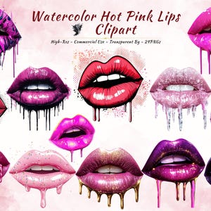 Watercolor Dripping Lips Clipart: Hot Pink Glitter PNGs (Digital Download)