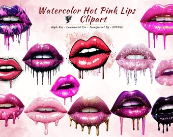 Dripping Lips Clipart Bundle, Hot Pink Glitter Glossy Watercolor Glam (20 PNGs)