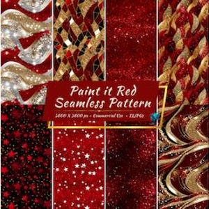 May include: A collection of seamless patterns in shades of red, gold, and silver. The patterns include glitter, abstract shapes, and star designs. The image also includes the text "Paint it Red Seamless Pattern" and the dimensions 3600 x 3600 px.