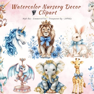 Clipart animal aquarelle pour chambre d'enfant | Bleu bébé animal PNG | 24 fichiers | Clipart jungle mignonne | Fond transparent | Téléchargement instantané