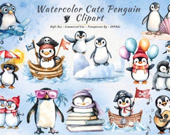 Paquete de imágenes prediseñadas de pingüinos en acuarela, animales del Ártico, PNG de invierno y verano (24 archivos)