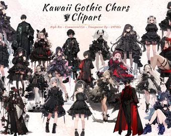 Gothic Kawaii Clipart Bundle, Dark Anime Chibi Girls (24 PNG Images)