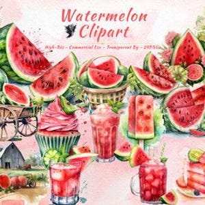Colección de imágenes prediseñadas de sandía PNG / Paquete de imágenes prediseñadas de frutas tropicales, comida, playa y verano