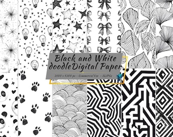 Doodle Digital Paper, Hand Drawn Black White Seamless Patterns (12 JPGs)