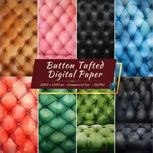 May include: A set of 12 digital papers featuring a button tufted upholstery design in various colours, including brown, pink, black, blue, yellow, red, green, and grey. Each paper is 2200 x 3200 pixels and is suitable for commercial use.