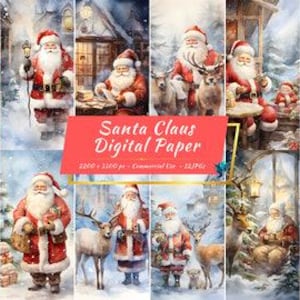 Watercolor Santa Claus Digital Paper Pack | Christmas, Winter, Snow Backgrounds