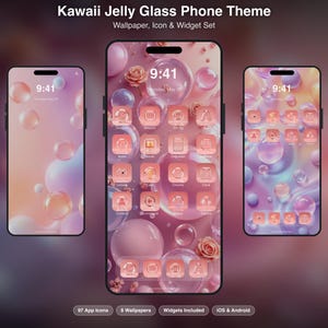 May include: Three smartphones showcasing a pink and purple "Kawaii Jelly Glass Phone Theme." The theme includes 97 app icons, 8 wallpapers, and widgets. The screens display a bubble design with rose accents and the time 9:41.