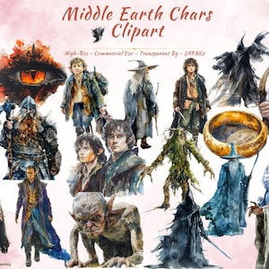 Könnte beinhalten: Aquarell-Clipart mit Charakteren aus Mittelerde, darunter Gandalf, Hobbits und Elfen, vor einem rosa Hintergrund. Das Bild hat ein Fantasy-Thema und enthält den Text "Middle Earth Chars Clipart".