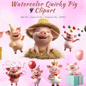 Ensemble de cliparts aquarelle cochon original, anniversaire mignon cochon PNG, graphismes de fête animaux de la ferme, fond transparent, usage commercial
