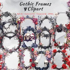 May include: A set of 10 gothic-style frames with floral and skull designs. The frames are black and feature roses, vines, and skulls. The frames are transparent PNG files.