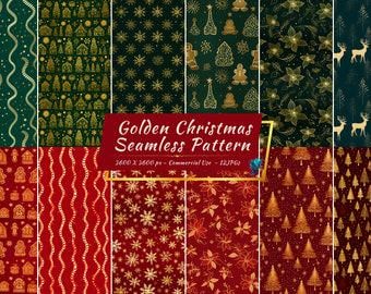 Golden Christmas Seamless Digital Paper Set: Elegant Holiday Backgrounds (Digital Download)