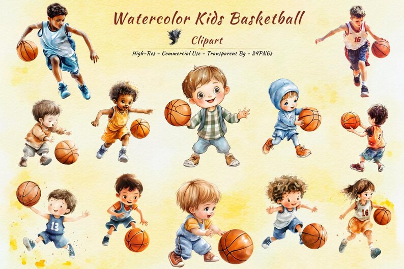 Basketball Clipart Bundle, Watercolor Kids Sports Players Ball Hoop ...