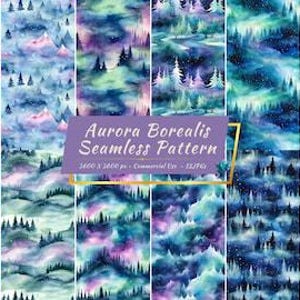 Aurora Borealis Seamless Digital Paper Pack | Himmlische, Aquarell Galaxie, Nachthimmel Hintergründe