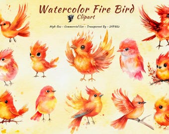Phoenix Clipart Bundle, Watercolor Mythical Bird Fantasy Flames Art (24 PNGs)