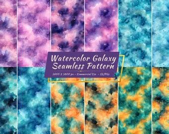 Galaxy Seamless Pattern, Cosmic Nebula Starry Night Sky Celestial Watercolor Background