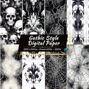 Black and White Gothic Digital Paper Pack | Skull, Cobweb, Damask Backgrounds