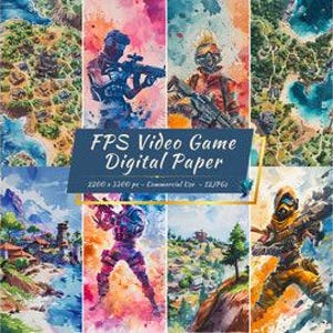 Digitaal papierpakket FPS-videogame | Personages, landschap en kaartachtergronden