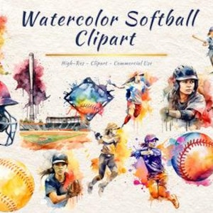 May include: Watercolor clipart featuring softball players in action, including a batter, pitcher, and fielders. The artwork showcases a vibrant color palette with splashes of paint, a baseball, and a helmet. Text reads "Watercolor Softball Clipart".
