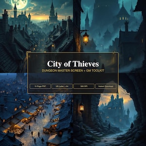 Dungeon Master Screen Inserts | DM GM Screen Printable + Initiative Tracker & Character Sheet | City of Thieves Fantasy Tabletop