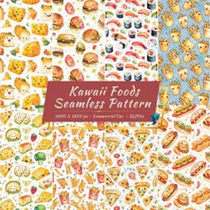 Könnte beinhalten: Ein Set mit 12 nahtlosen Mustern mit niedlichen Cartoon-Food-Illustrationen. Die Muster beinhalten verschiedene Lebensmittel wie Burger, Sushi, Pommes, Pizza, Hotdogs und mehr. Die Illustrationen sind im Aquarell-Stil mit leuchtenden Farben und verspielten Ausdrücken gezeichnet.