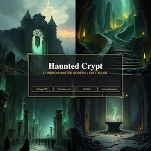 Dungeon Master Screen Inserts | DM GM Screen Printable + Initiative Tracker & Character Sheet | Haunted Crypt Fantasy Tabletop