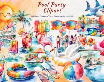 Pool Party Clipart Bundle, Watercolor Summer Swim Birthday Graphics (20 PNGs)