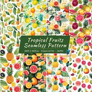 Op de afbeelding: Een set van 12 naadloze patronen met aquarel illustraties van tropische vruchten, waaronder ananas, sinaasappelen, aardbeien en grapefruit. De patronen zijn op een witte achtergrond en zijn perfect voor gebruik in digitale en printprojecten.
