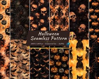 Spooky Halloween Seamless Patterns | Cobweb, Skull, Pumpkin, Bat, Cat, Spider Seamless Digital Paper