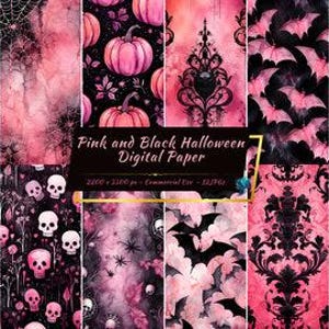 May include: A collection of pink and black Halloween-themed digital papers. Designs include pumpkins, bats, spiderwebs, skulls, and ornate patterns. The text "Pink and Black Halloween Digital Paper" is visible.