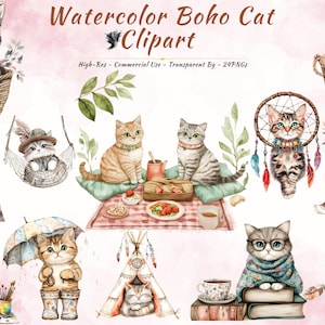 Watercolor Boho Cat Clipart: 24 PNG Illustrations (Digital Download, Commercial Use)