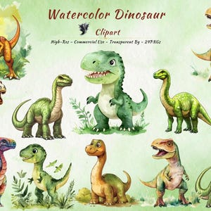 Watercolor Dinosaur Clipart | Cute Dino PNG | Digital Download | Transparent Background | Commercial Use | Prehistoric Art | Kids Decor
