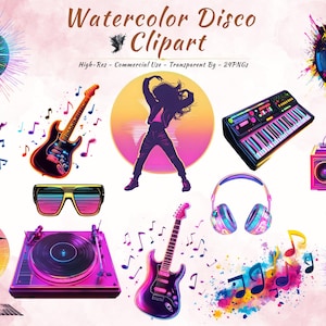 Retro aquarel disco clipartbundel | PNG's voor muziekfeest uit de jaren 80 | Boombox-gitaar DJ-dansstickers | Transparante achtergronden