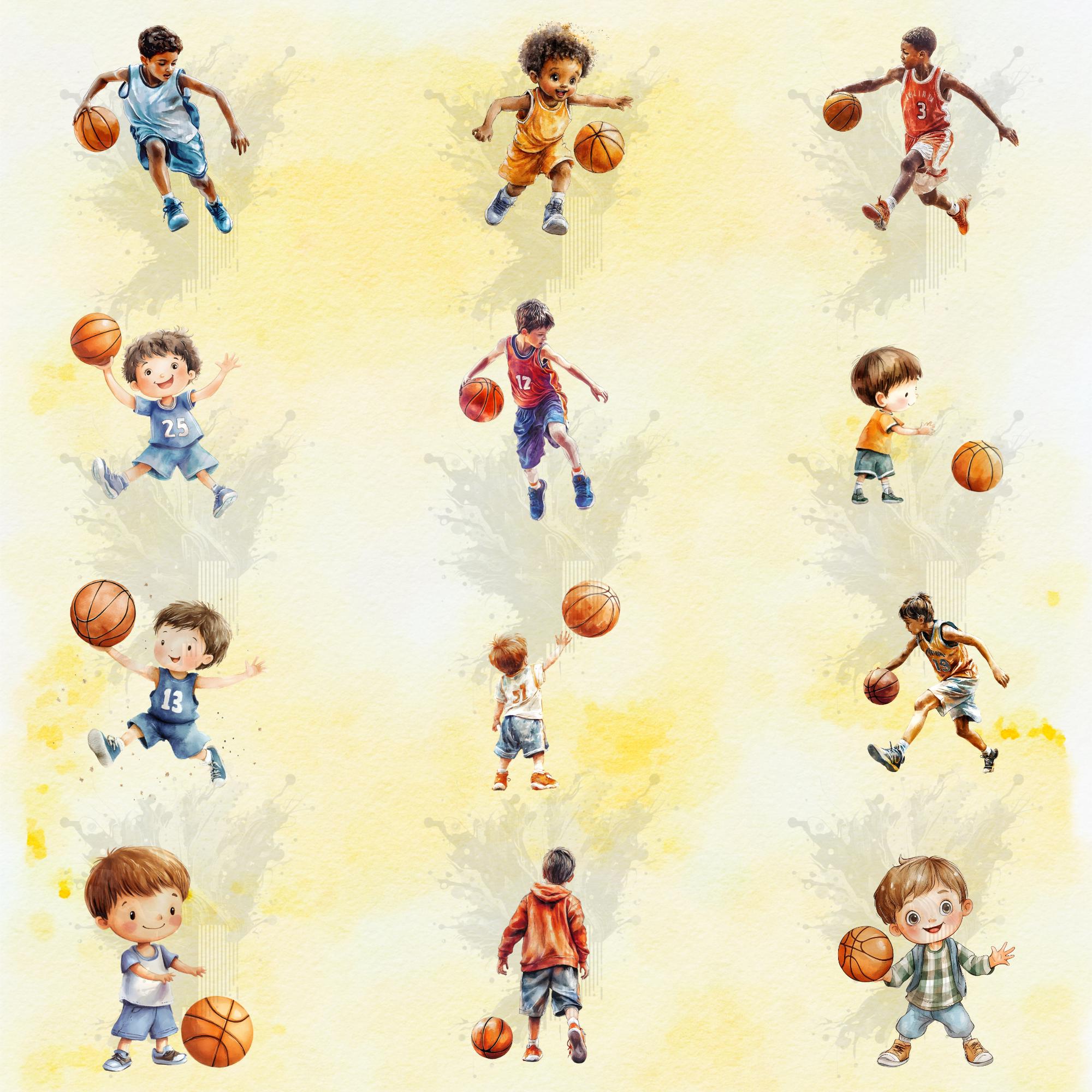 Basketball Clipart Bundle, Watercolor Kids Sports Players Ball Hoop ...