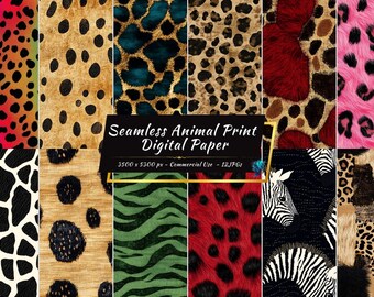 Animal Print Seamless Pattern, Leopard Zebra Cheetah Tiger Safari Wild Texture Bundle