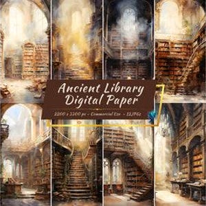 Ancient Library Digital Paper Pack | Mystical, Old Library Backgrounds