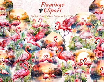 Flamingo Clipart Bundle, Tropical Floral Pink Bird Summer PNG (20 PNGs)