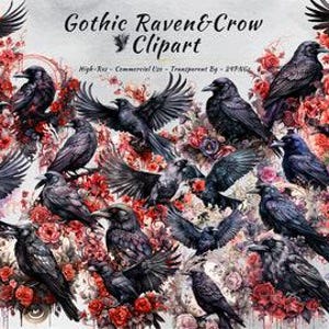 Gothic Raven and Crow PNG Clipart Collection | Floral Halloween Clipart Bundle