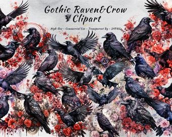 Gotisk Korp och Kråka PNG Clipart-samling | Blommig Halloween Clipart-paket