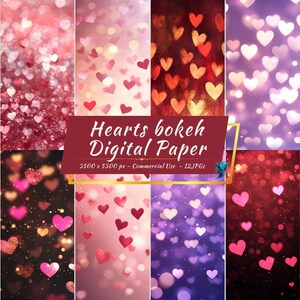 Hearts Bokeh Digital Paper Bundle, Valentine Backgrounds, Pink Red Love Textures, Romantic Scrapbook Paper, Instant Download JPG