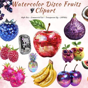 Lot de cliparts fruits disco | Aquarelle de fruits PNG | Art numérique esthétique scintillant | Utilisation commerciale | Fond transparent