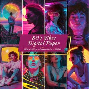 Peut inclure: Un ensemble de 10 papiers numériques avec une esthétique rétro des années 80, des couleurs vives, des néons et des images futuristes. Les papiers mesurent 2200 x 3300 pixels et sont destinés à un usage commercial.