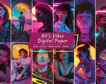 Carta digitale retrò anni '80, sfondi vintage synthwave al neon (8 JPG)