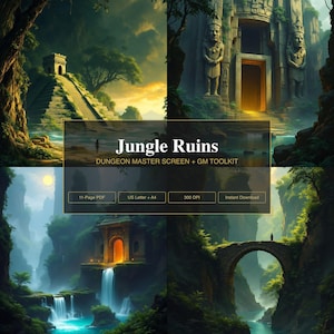 Dungeon Master Screen Inserts | DM GM Screen Printable + Initiative Tracker & Character Sheet | Jungle Ruins Fantasy Tabletop