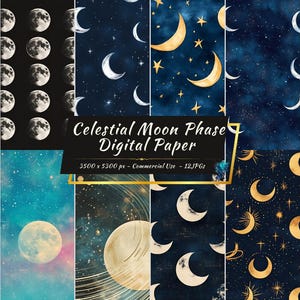 Celestial Moon Phase digitaal papier | 12 JPG-achtergronden voor kunstnijverheid, tijdschriften, sterrenhemel en maannacht