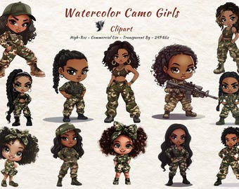 Camouflage Girls PNG Clipart Bundle | Military Girl Digital Download | Army Fashion Clipart
