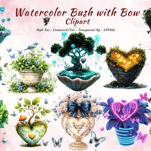 Aquarell Herz Busch Clipart - Blumentopf PNG - Cottagecore Ästhetik - Fantasy Planter Art - Digitaler Download für Sublimation