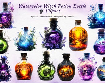 Clipart aquarel heks drankje fles: magisch elixer, png (digitale download)